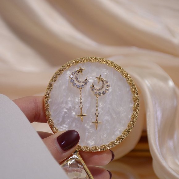 NEW 14K Gold Plated Diamond Moon Star Earrings d - Picture 6 of 8